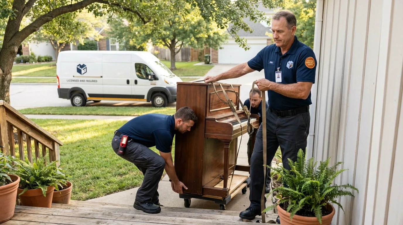 Licensed piano movers securing grand piano in Mammoth, AZ